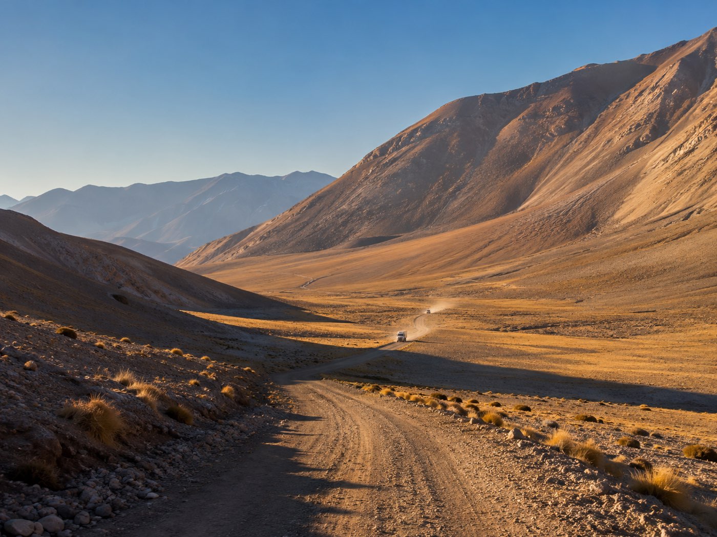 Camino minero de tierra abierto y mantenido por Tatón Logistics en un valle de altura de la cordillera catamarqueña