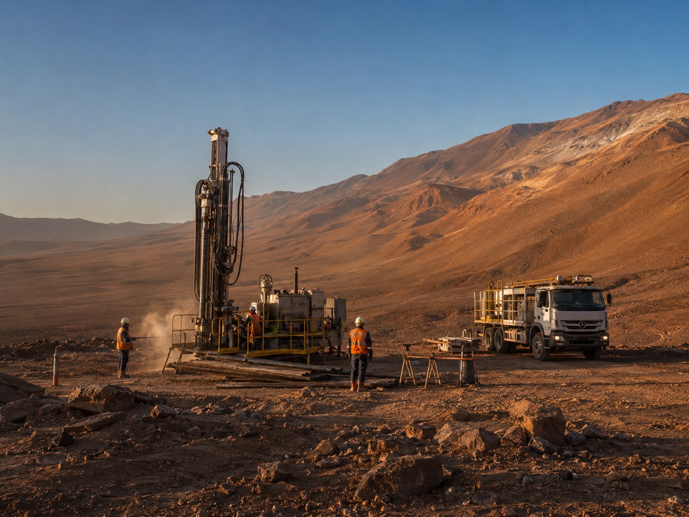 Equipo de perforación y sondaje operando con personal de Tatón Logistics en la Puna de Catamarca